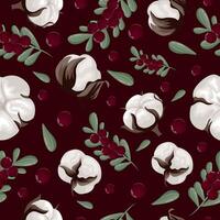 seamless pattern of holly berries of different green sprigs and different cotton flowers arranged randomly on a red background, for holiday cards, banners or posters vector