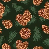 seamless pattern with various cones of conifers arranged randomly and fir branches on a green background, for Christmas packaging, cards or decorations vector