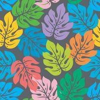 Seamless tropical pattern with colorfull monstera palm leaves on white background. Exotic hawaiian fabric design vector