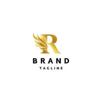 Initial Letter R with Gold Wings Logo Design. Initial Letter R With Wings On Its Side Logo Design. vector