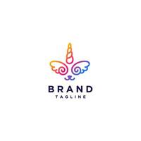 Puppy Face With Unicorn Horn And Wings Logo Design. Colorful Imagination Animals With Horns And Winged Eyes Logo Design. vector
