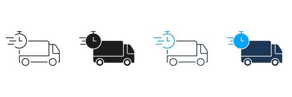 Delivery Time Line and Silhouette Icon Set. Express Shipping Vehicle Pictogram. Fast Deliver Symbol. Cargo Truck with Timer Sign, Free Shipment. Editable Stroke. Isolated Illustration vector