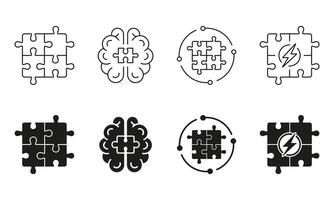 Jigsaw, Human Mind Concept Line and Silhouette Icon Set. Puzzle and Brain Symbol Collection. Editable Stroke. Isolated Illustration vector