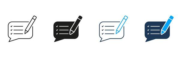 Customer Feedback Message Line and Silhouette Icon Set. Speech Bubble With Pencil Pictogram. Comment Symbol. Support Chat Sign. Editable Stroke. Isolated Illustration vector