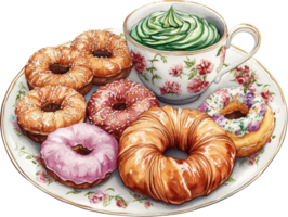 Vintage Plate with Donuts, Croissants, and Teacup with Green Whipped Cream, Elegant Breakfast Display png