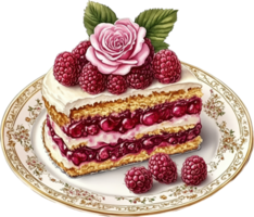 Layered raspberry cake with floral garnish on elegant china plate png