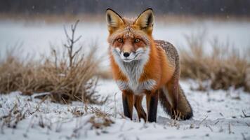 A red fox stands in a snowy landscape, showcasing its vibrant fur and alert expression. photo