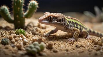 A close-up of a gecko in a sandy desert environment with cacti. photo
