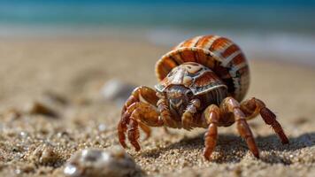 A close-up of a hermit crab on a sandy beach, showcasing its shell and surroundings. photo
