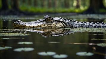 A crocodile glides through a serene, lily-covered water surface in a tranquil environment. photo