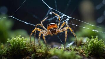 A close-up of a spider weaving its web in a lush, green environment. photo