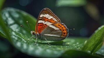 A vibrant butterfly perched on a green leaf, showcasing its intricate patterns and colors. photo