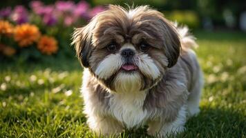 A playful Shih Tzu stands in a garden filled with colorful flowers. photo