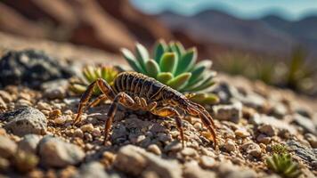 A close-up of a scorpion on a rocky desert landscape with succulents in the background. photo