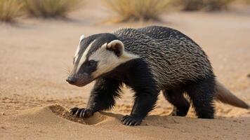 A striped badger foraging on sandy terrain, showcasing its distinctive fur pattern. photo