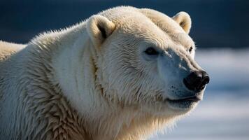A close-up of a polar bear highlighting its features against a snowy background. photo