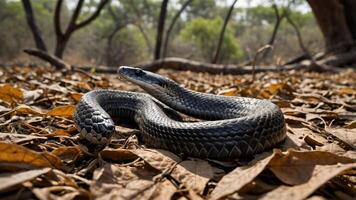 A snake resting on dry leaves in a forested area, showcasing its natural habitat. photo