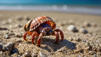 A hermit crab on a sandy beach, showcasing its colorful shell and natural habitat. photo
