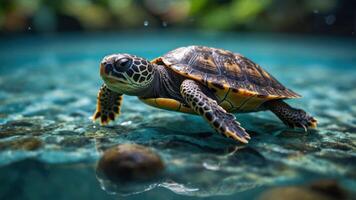 A sea turtle swimming gracefully in clear water, showcasing its vibrant shell patterns. photo