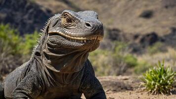 A close-up of a large lizard in a natural landscape, showcasing its unique features. photo