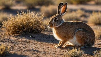 A rabbit sitting on sandy ground near small shrubs in a natural setting. photo