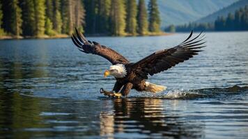 A majestic eagle captures its prey while skimming the surface of a serene lake. photo