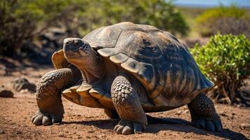 A giant tortoise walking across a rocky terrain with sparse vegetation. photo