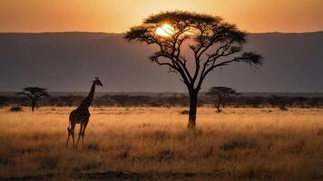 A serene sunset scene with a giraffe near a lone tree in a grassy landscape. photo