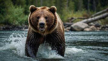 A grizzly bear wades through a river, creating splashes in a natural setting. photo