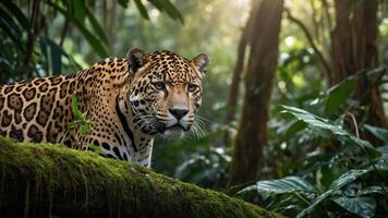 A close-up of a jaguar resting on a mossy log in a lush jungle setting. photo