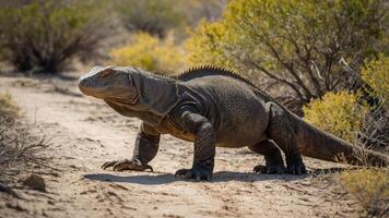 A large reptile walking on a sandy path surrounded by shrubs and yellow foliage. photo