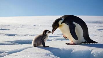 An emperor penguin and its chick interact on icy terrain. photo