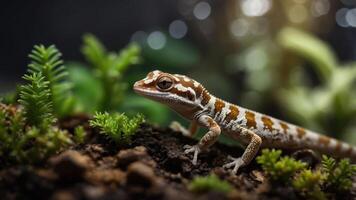 A close-up of a gecko on soil surrounded by small plants, showcasing its natural habitat. photo