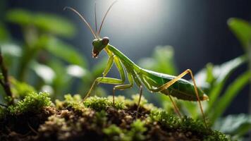 A close-up of a green mantis on moss, highlighting its features in a natural setting. photo