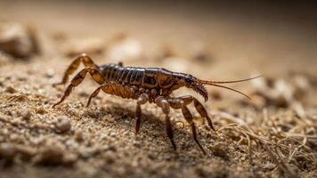 A close-up of a brown insect on sandy terrain, showcasing its detailed features. photo