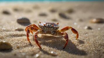 A close-up of a crab on sandy beach, showcasing its details against a blurred background. photo