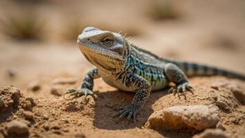 A close-up of a lizard resting on sandy terrain with a detailed texture. photo