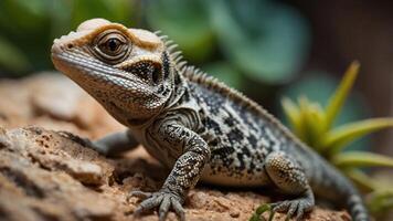 A close-up of a lizard resting on a rock, showcasing its detailed scales and surroundings. photo