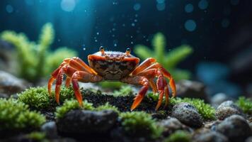 A vibrant crab in an aquatic environment, surrounded by moss and soft lighting. photo