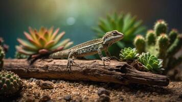A lizard perched on a log amidst succulent plants in a desert-like environment. photo