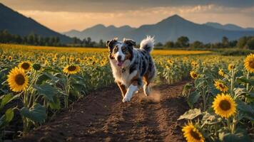 A playful dog runs through a sunflower field with mountains in the background during sunset. photo
