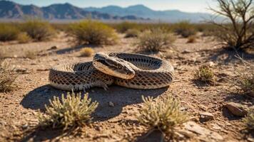 A close-up of a snake resting on desert ground with sparse vegetation in the background. photo