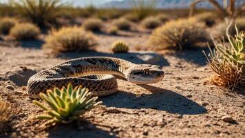 A snake slithers through a desert landscape surrounded by sparse vegetation. photo