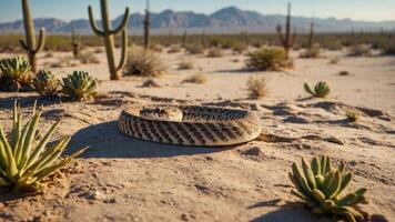 A coiled snake resting on desert sand with cacti and mountains in the background. photo