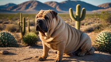 A Shar Pei dog sits in a desert landscape with cacti and mountains in the background. photo