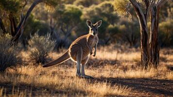 A kangaroo stands in a sunlit Australian landscape surrounded by trees and grass. photo