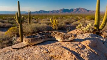 A snake resting on a rock in a desert landscape with cacti and mountains in the background. photo