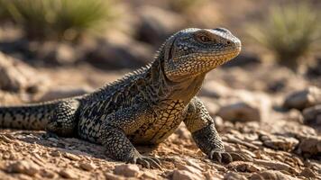A close-up of a lizard resting on rocky terrain in a natural environment. photo