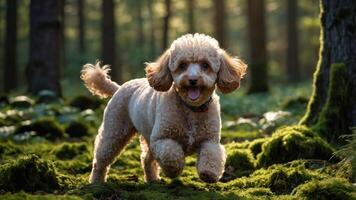 A playful dog running through a sunlit forest, surrounded by green moss and trees. photo