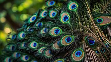 Close-up of a peacock's vibrant feather display showcasing intricate patterns and colors. photo